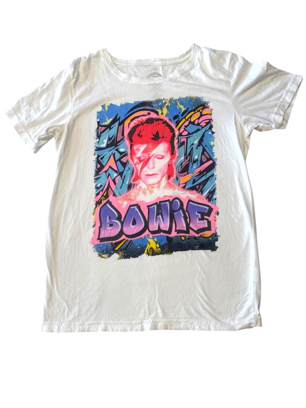 David Bowie Graphic Tee - White with Pink & Blue Artwork Band Tee Size Medium